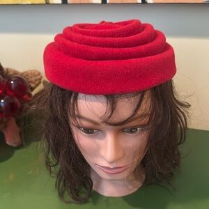 Burdines Vintage red wool hat withh red feathers